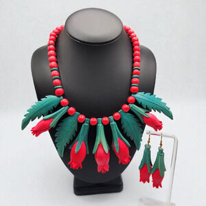 Vintage Red Rose Necklace & Earrings Set Carved Wood Look Folk Art 1960s